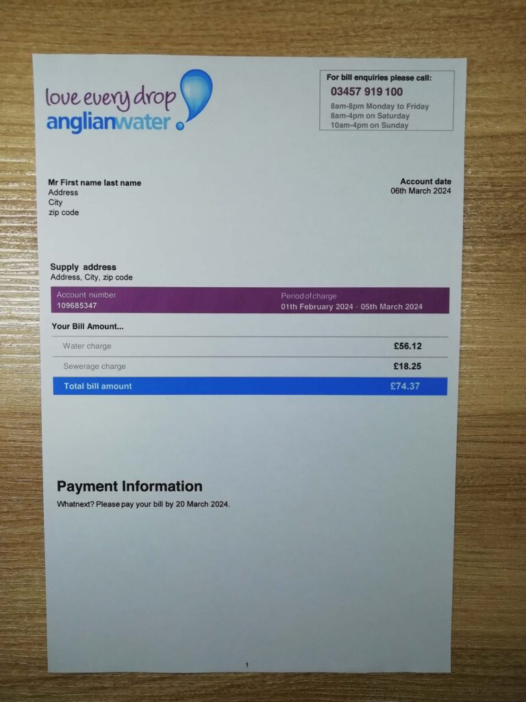 Scanned Anglian Water UK document as proof of residence