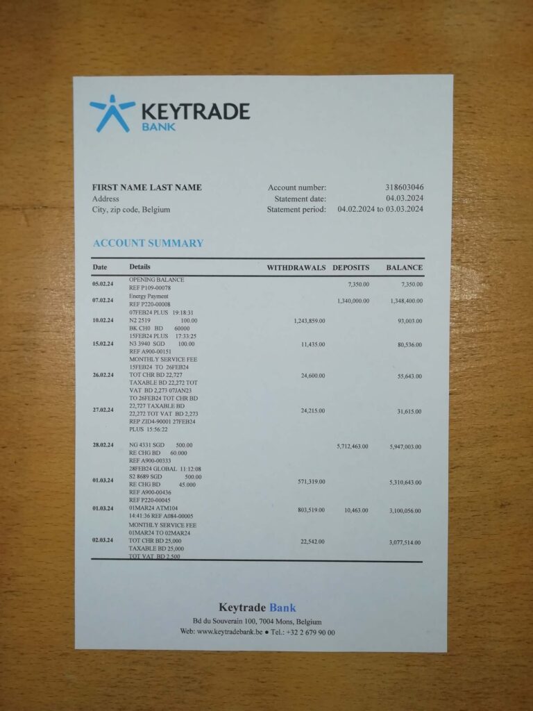 Belgium Keytrade Bank Statement form captured in daylight