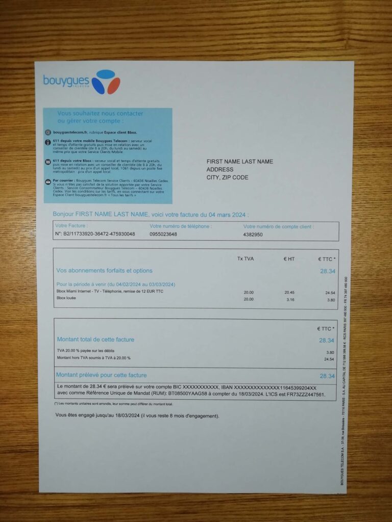 Physical France Bouygues utility bill snapshot for review