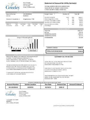 Editable {utility type} bill template – Colorado City of Greeley sample in PDF