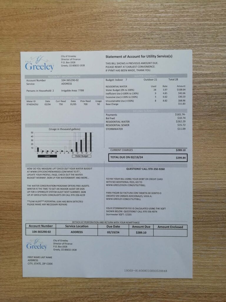 Visual representation of City of Greeley Colorado utility statement