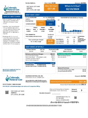 Natural Gas utility bill from Colorado – customizable PDF for address proof