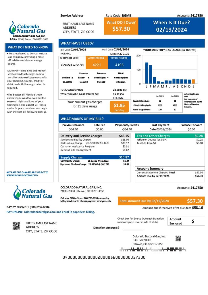 Natural Gas utility bill from Colorado – customizable PDF for address proof