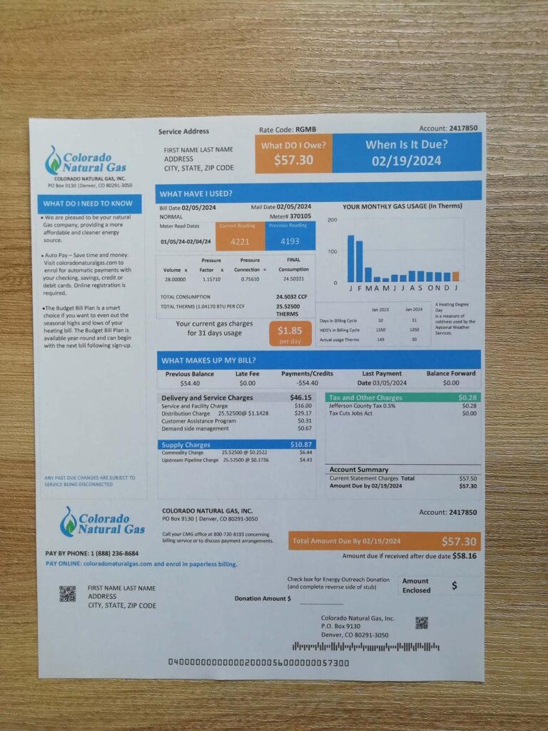 Colorado Natural Gas bill printout example for address verification