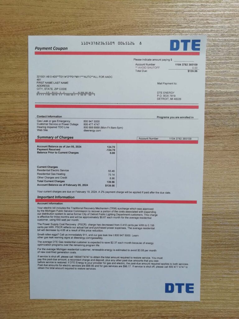 Editable Michigan Editable DTE Utility Bill Template file printed for display