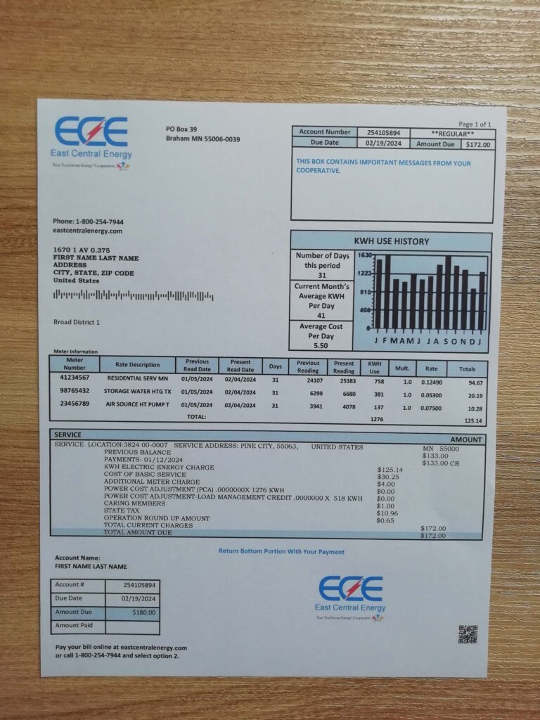 East Central Energy Minnesota energy bill example in print
