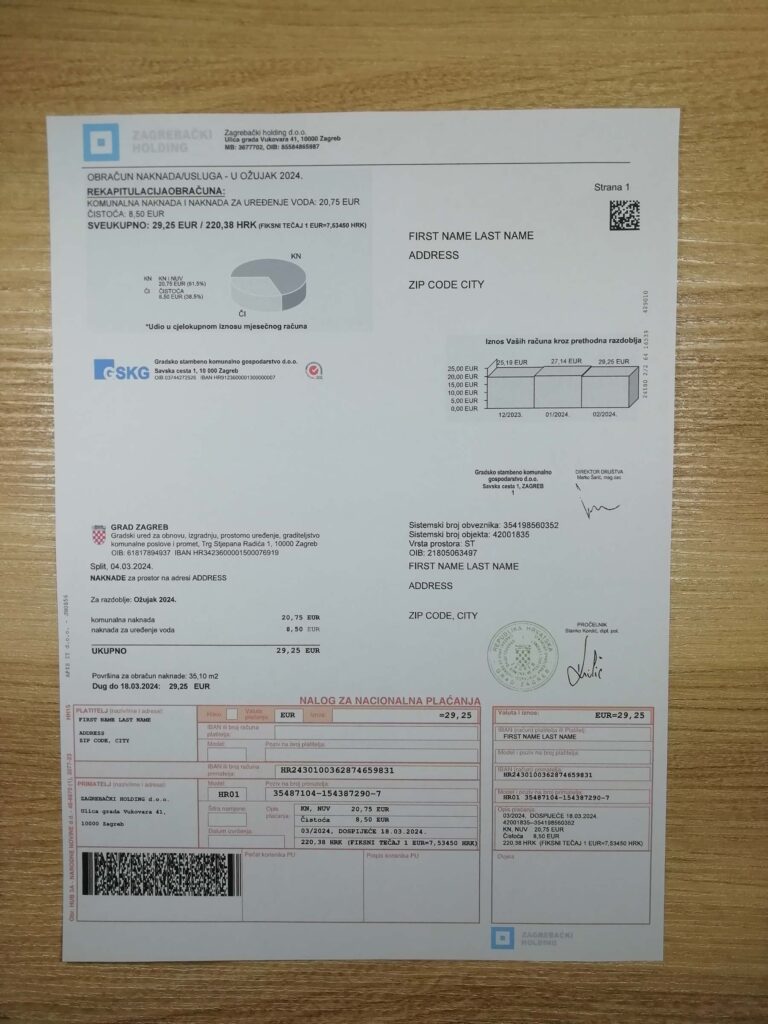 Croatia residential bill displayed on a table