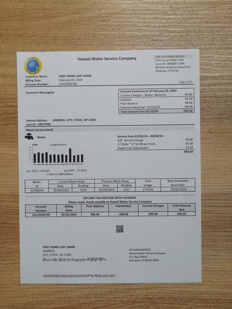 Hawaii Water Service template print photo for ID verification