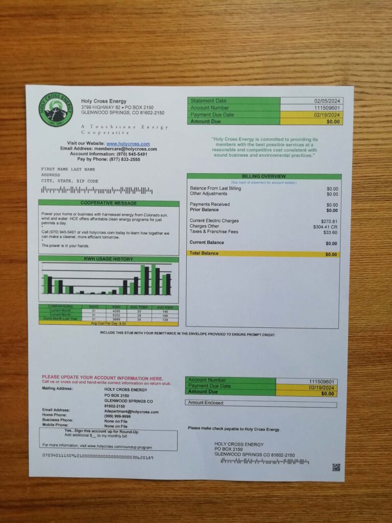 Editable Holy Cross Energy Colorado invoice template printed and pictured