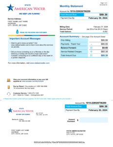 American Water utility bill from Illinois – customizable PDF for address proof