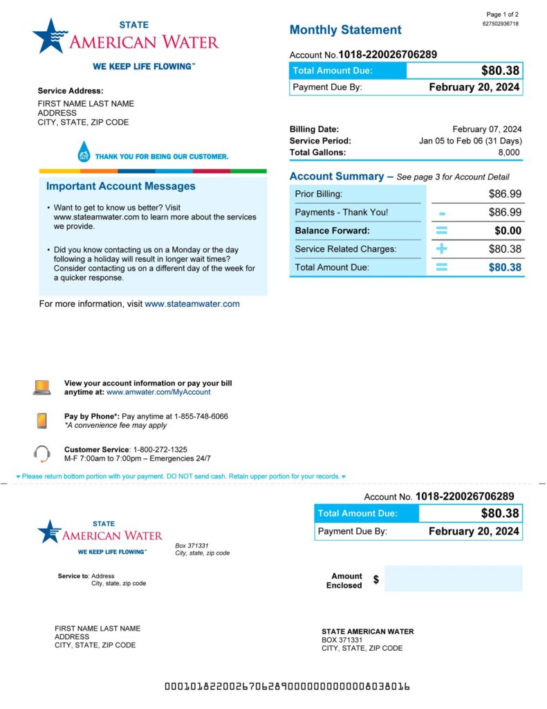 American Water utility bill from Illinois – customizable PDF for address proof
