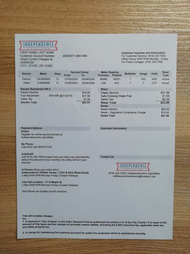 Template of Missouri Independence Utilities utility file in physical form