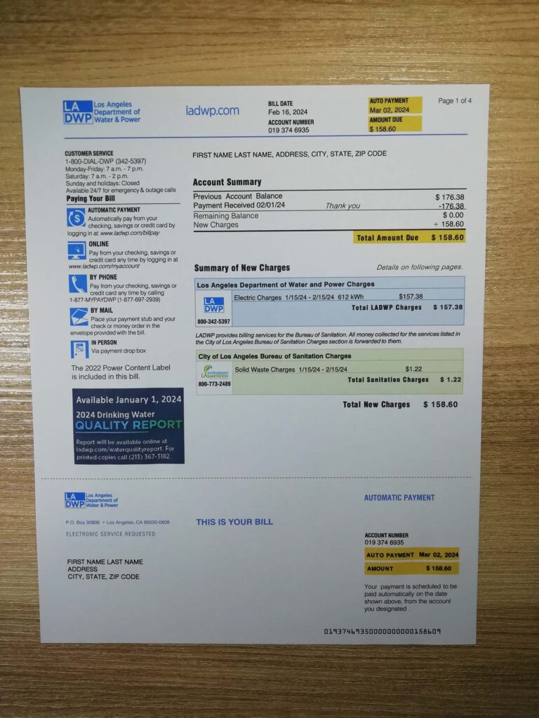 Los Angeles Department of Water and Power utility invoice on paper for reference