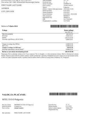 Editable phone bill template – Montenegro M TEL sample in PDF