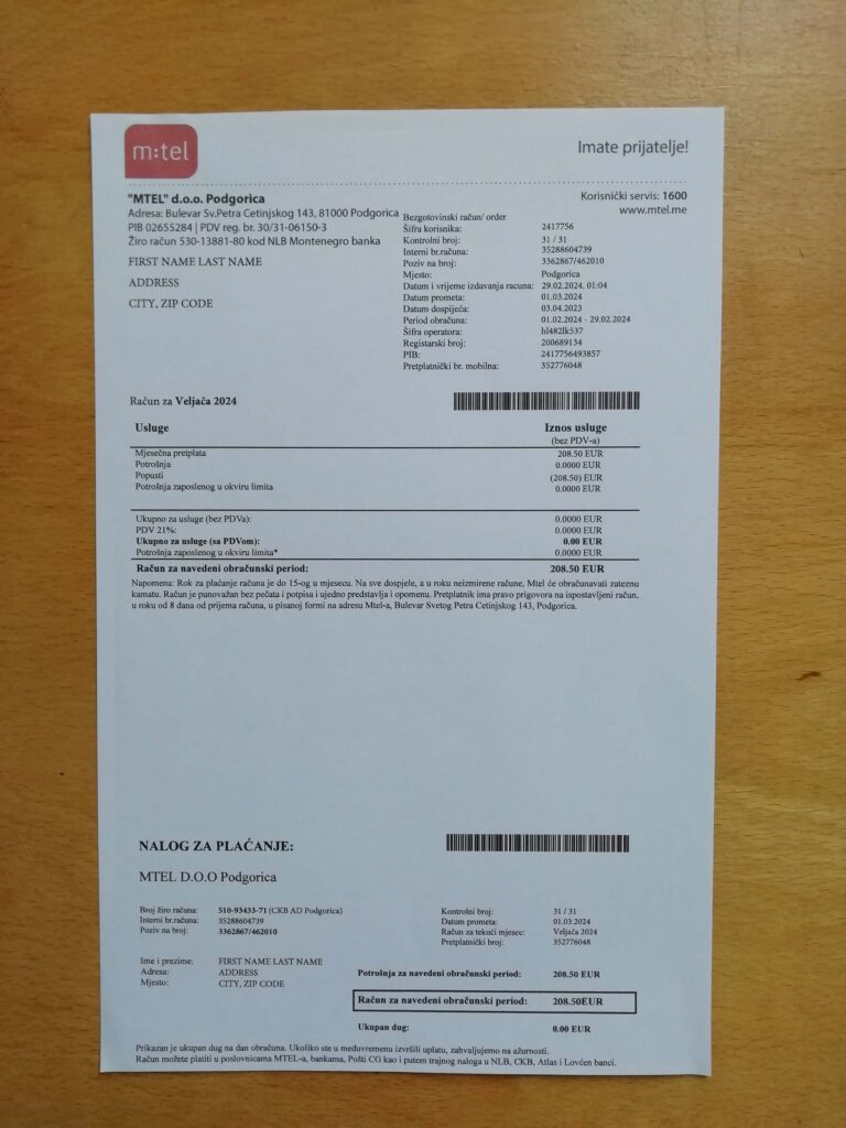 Photographed version of editable Montenegro TEL invoice