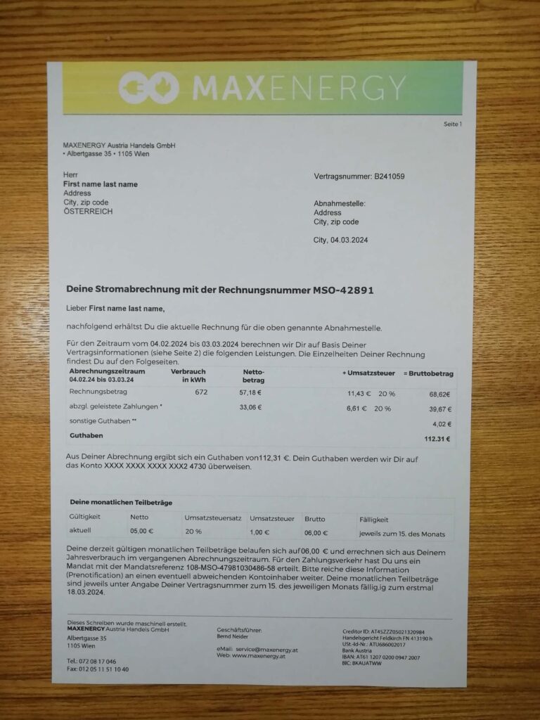 MaxEnergy Austria billing layout printed and photographed