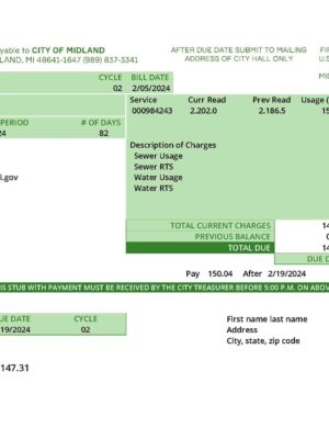 Michigan Water utility bill from Michigan – customizable PDF for address proof