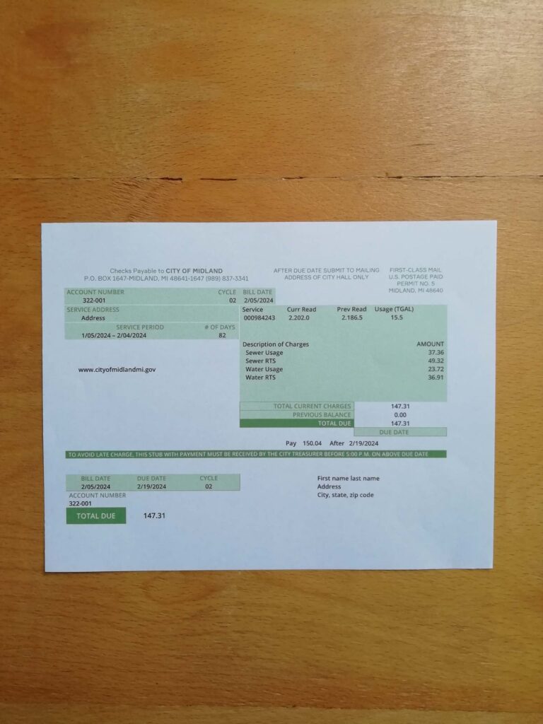 On-paper version of Michigan Water customer bill
