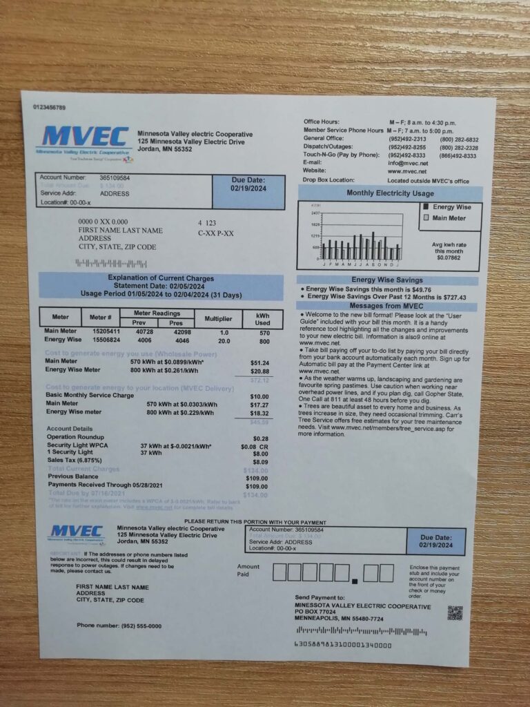 Printed copy of Valley Electric Cooperative MVEC utility record