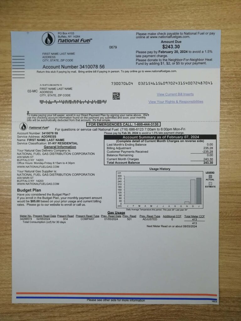 Scanned National Fuel Gas document as proof of residence