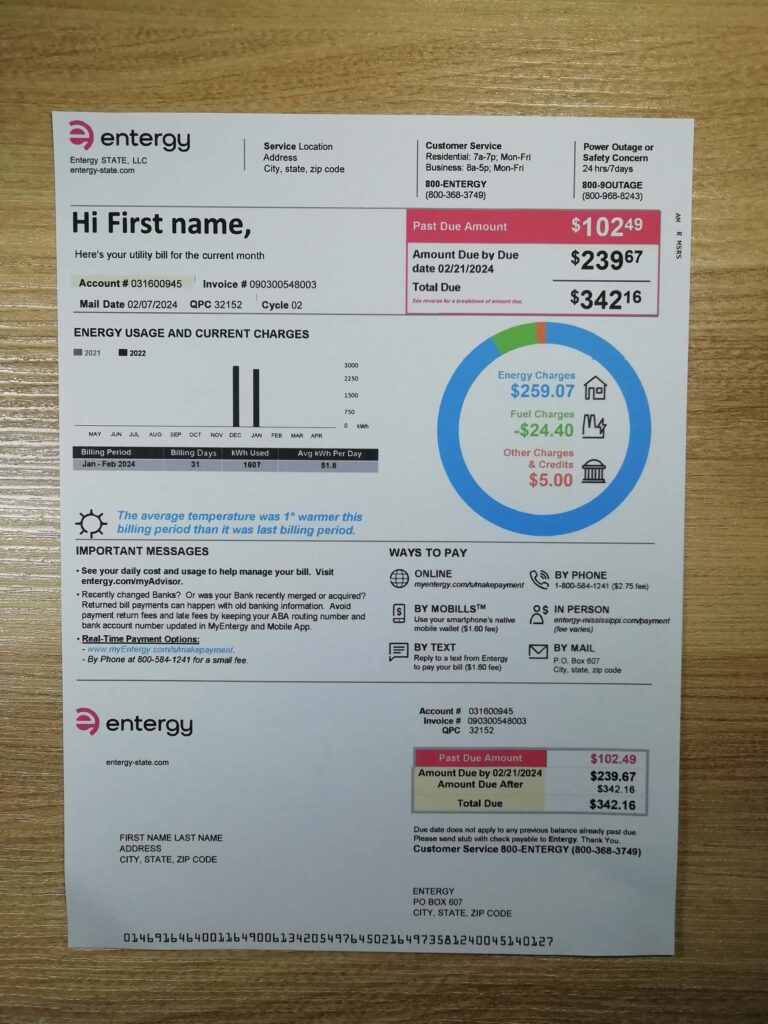 Entergy utility bill template