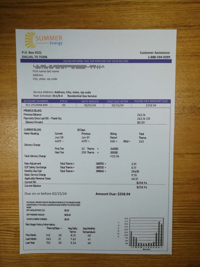 Printed Summer Energy Texas utility form captured in daylight