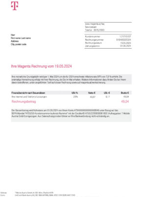 T-Mobile phone statement from Austria – modifiable PDF template