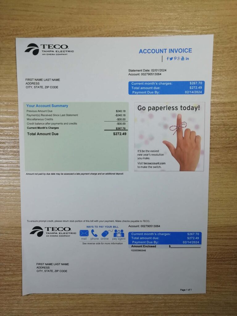 Florida Teco residential bill displayed on a table