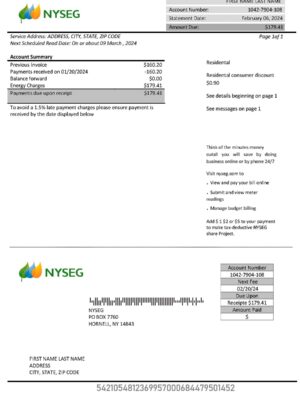 New York State Electric and Gas NYSEG {utility type} statement from {State} – modifiable PDF template
