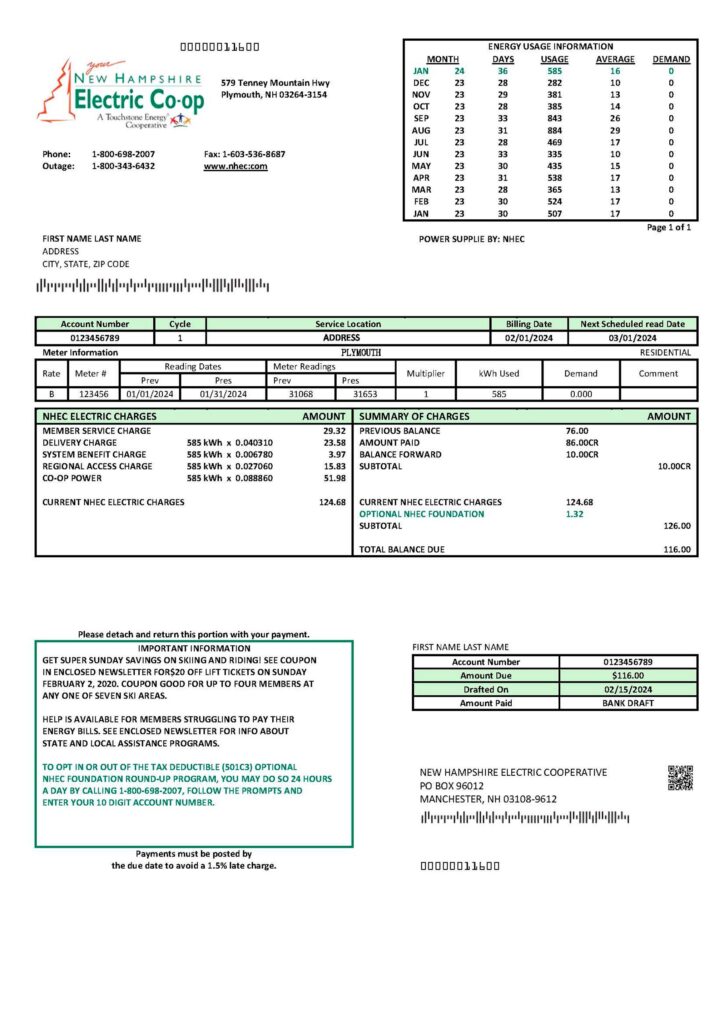 Clean layout of Electric Co-op {utility type} bill – editable New Hampshire version