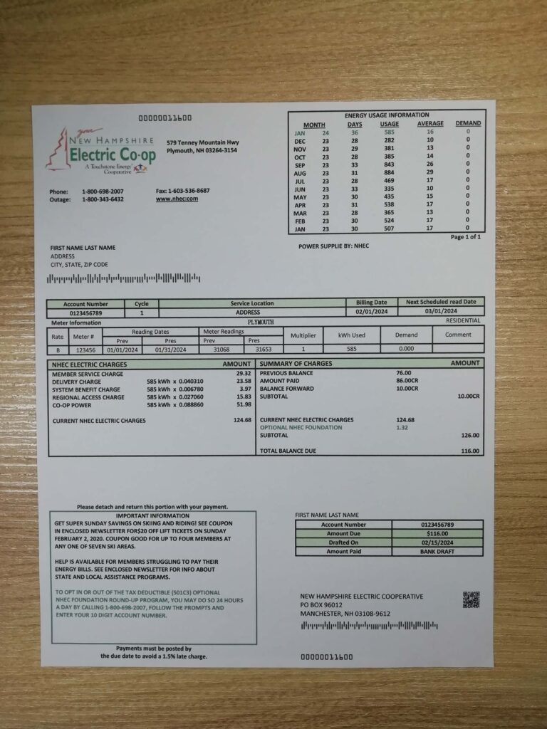 Physical USA New Hampshire Electric Co-op utility bill snapshot for review