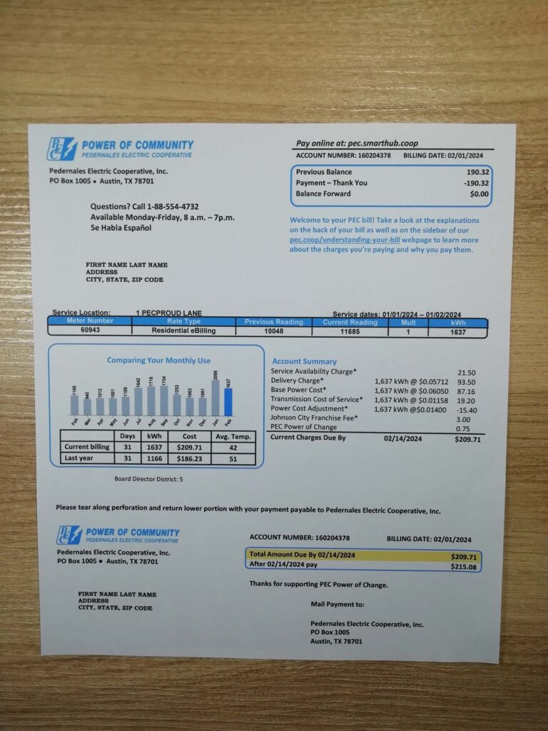USA Power of Community electricity paper bill mockup for identity purposes
