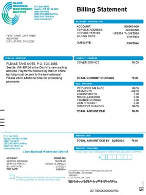 Clean layout of Clark regional wastewater destrict {utility type} bill – editable Washington version