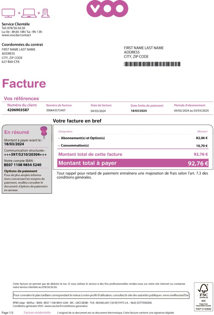 VOO Utility Bill Template Belgium – Editable Broadband & TV Invoice (2025)