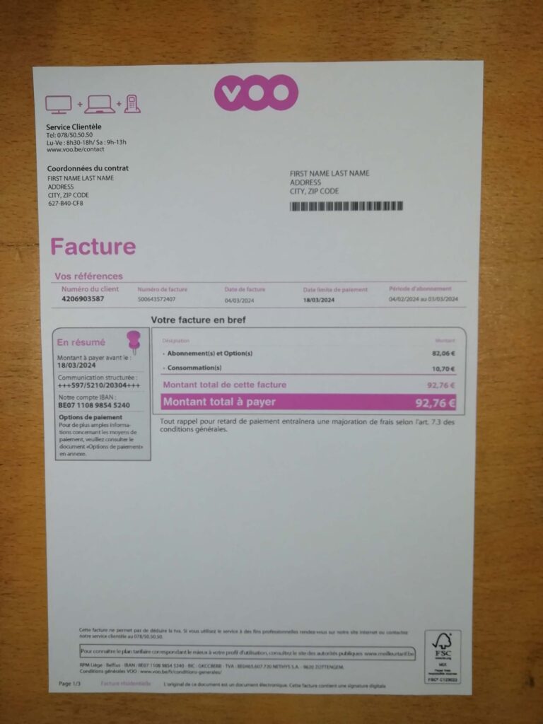 Voo phone paper bill mockup for identity purposes