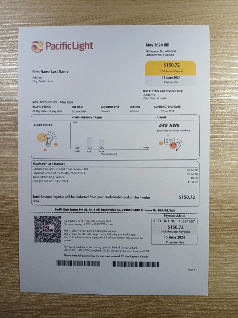 Singapore Pacific Light utility invoice on paper for reference
