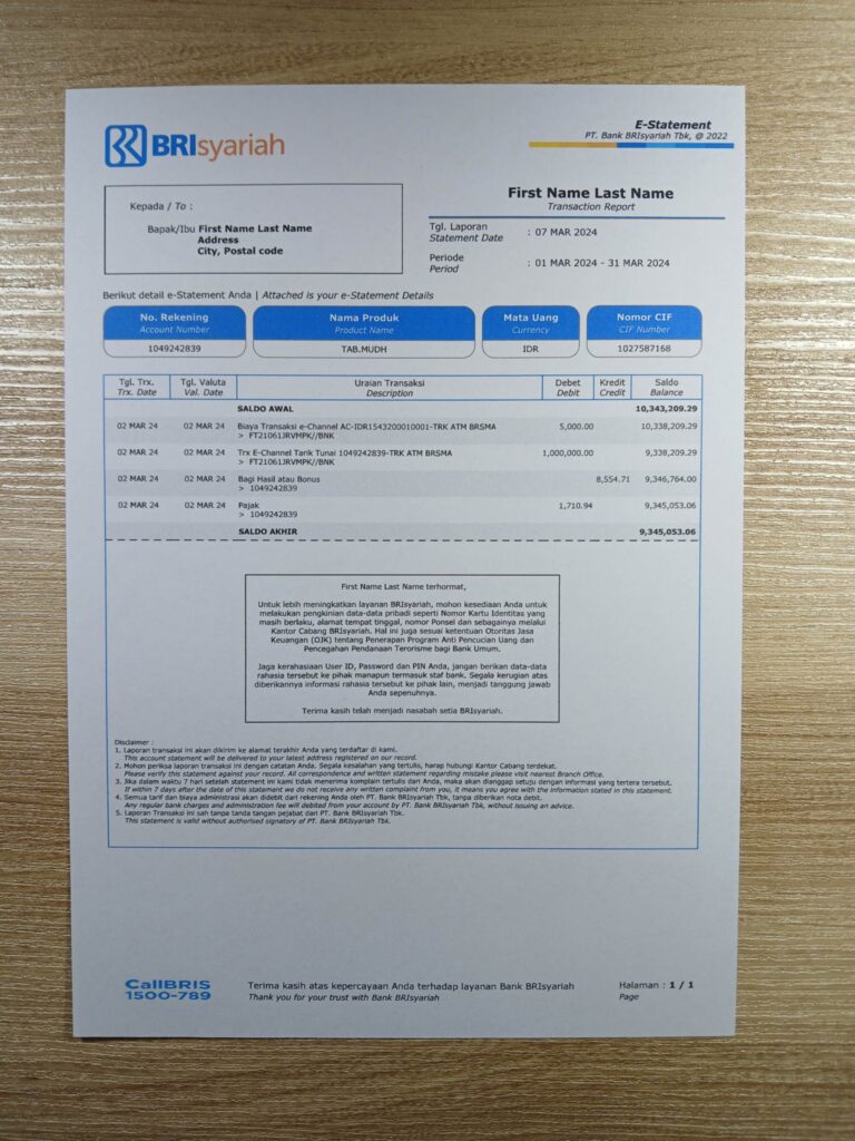 Indonesia BRIsyariah template print photo for ID verification