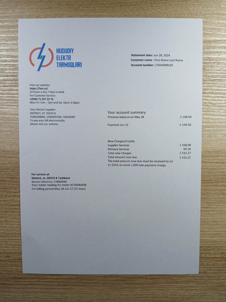 Uzbekistan Electric billing layout printed and photographed
