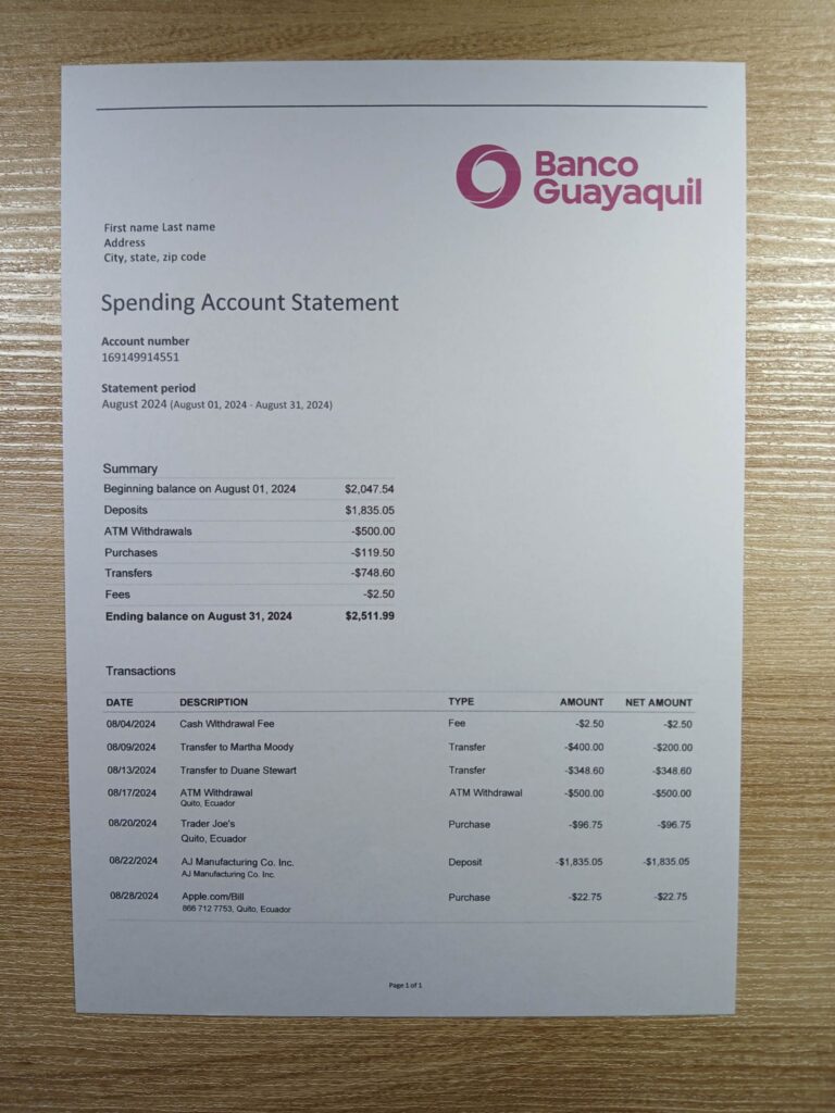 Editable Ecuador Guayaquil Banco invoice template printed and pictured