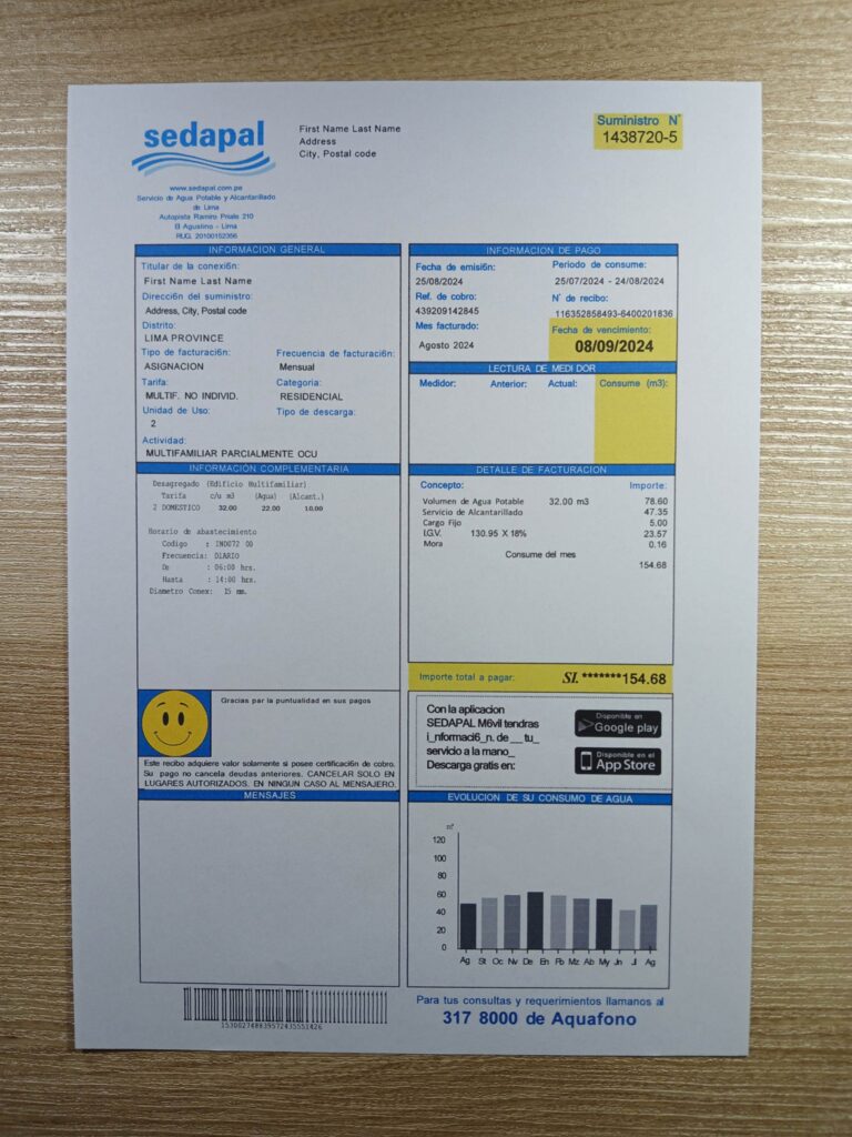 Sample Sedapal Peru Water statement captured on real background