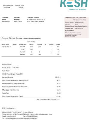 Clean layout of KESH electric bill – editable Albania version