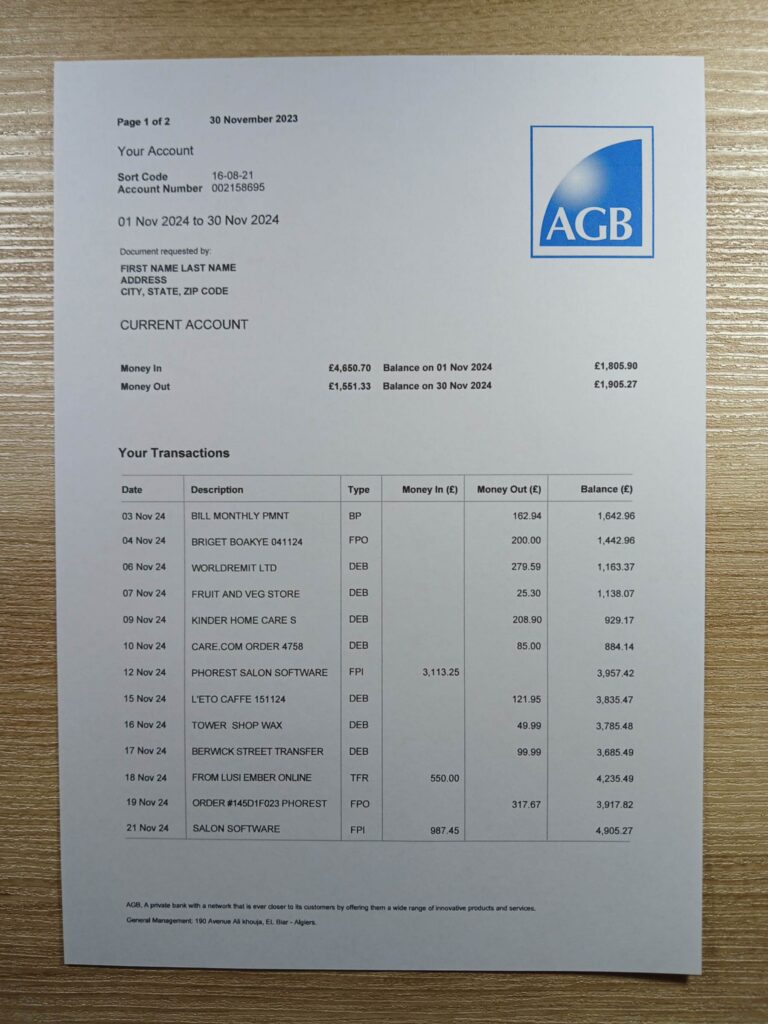 High-resolution image of Algeria Bank Statement AGB billing format
