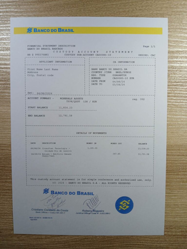 Brazil Banco bill printout example for address verification