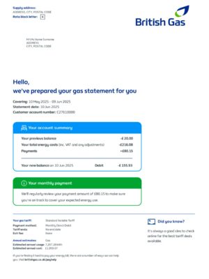 Clean layout of British Gas bill – editable UK version