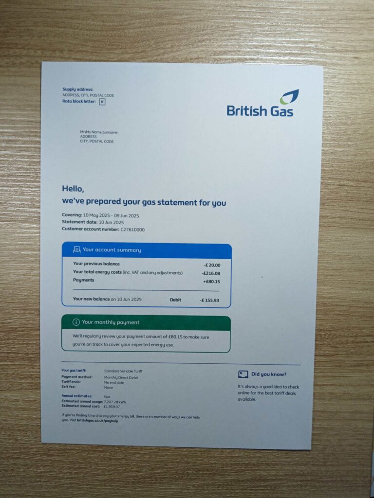 Visual example of printed British Gas utility bill in UK