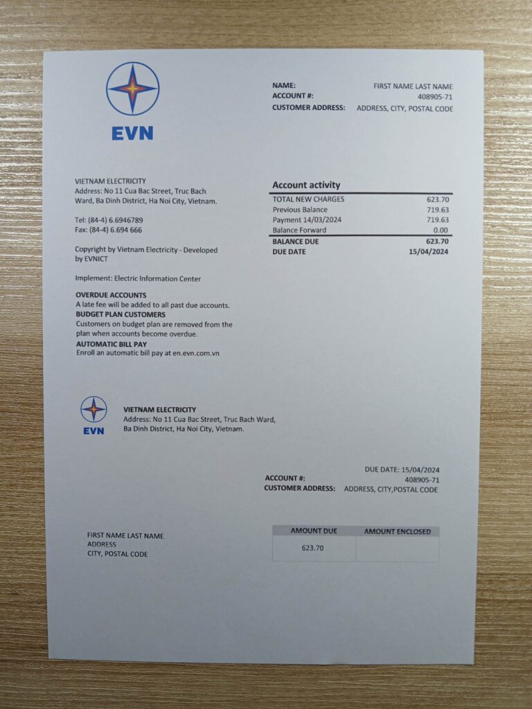 Printed Vietnam EVN utility form captured in daylight