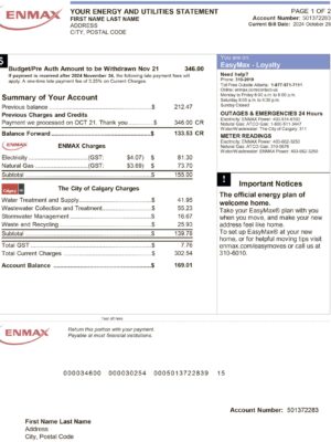 Clean layout of Enmax water bill – editable Canada version
