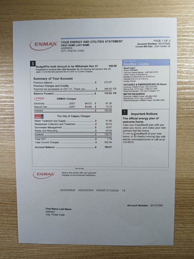 Replica Canada utility bill
