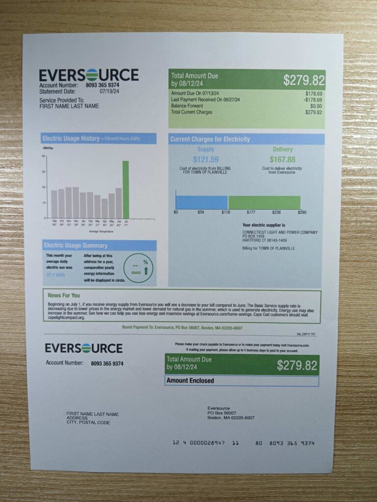 Visual representation of Connecticut Eversource utility statement US