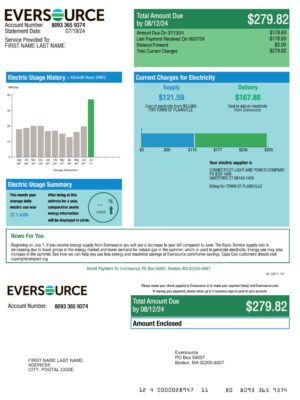 Clean layout of Eversource electricity bill – editable {State} version